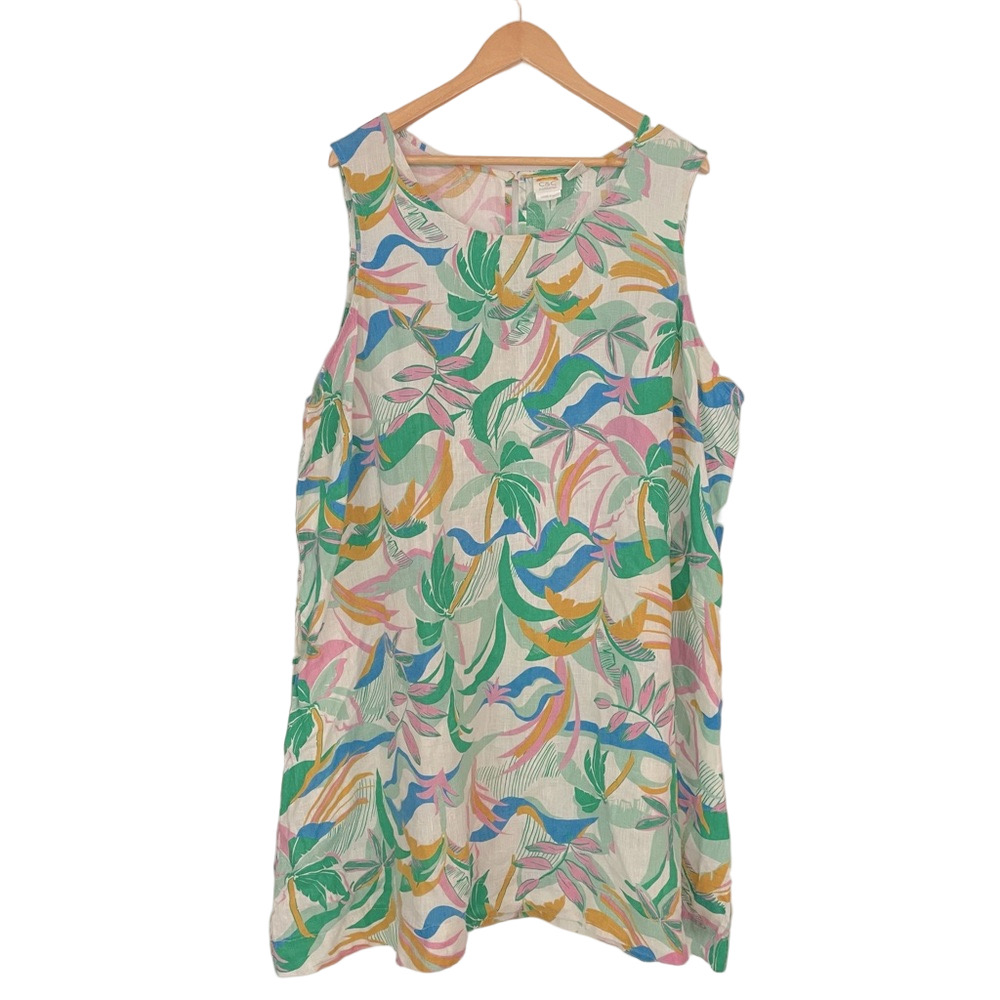 C&C California 100% Linen Shift Dress Size 3X Colorful Beach Coastal Sleeveless
